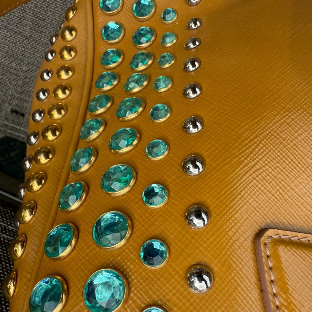 EUC! Prada Vintage Tan and Blue Studded Satchel Crossbody - Picture 7 of 7